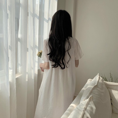 거즈면잠옷 여름원피스잠옷 반팔 순면 공주 레이스 화이트 거즈 파자마