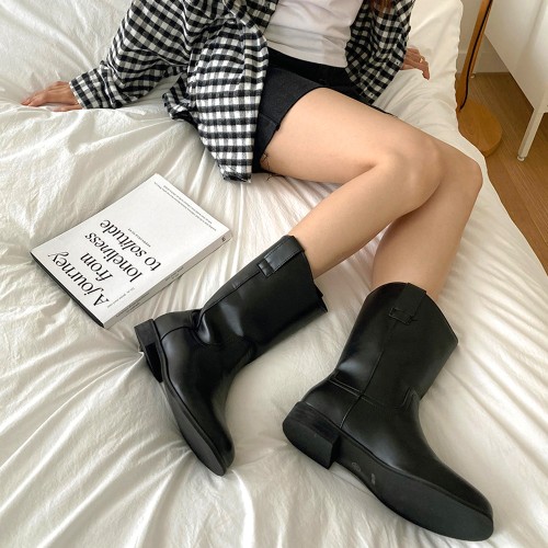 스웨이드미들부츠 하프 통넓은 웨스턴 미디 반부츠