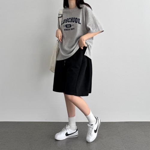 와이드 버뮤다 팬츠 5부 여성 반바지 밴딩 와이드 팬츠 피치, FREE(One size)