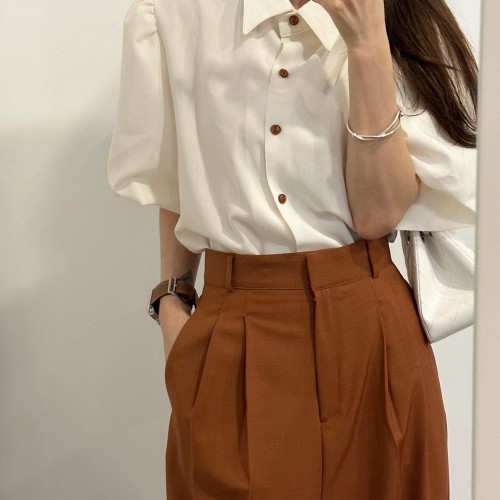 포인 여성 여름 썸머 루즈핏 오버핏 반팔 소매 퍼프 블라우스