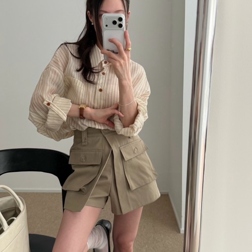 아밀 여성 여름 오버핏 루즈핏 롤업 스트라이프 블라우스