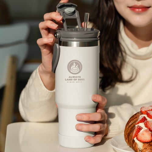 로티캠프 대용량 손잡이 빨대 스텐 텀블러 1.2L, 아이보리