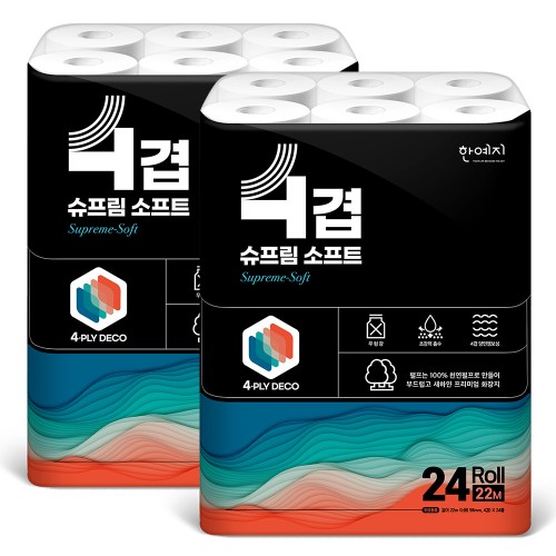 한예지 프리미엄 4겹 슈프림소프트 천연펄프 화장지 22m, 24롤, 2팩