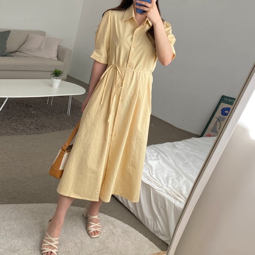 A라인 린넨 퍼프 반팔 플레어 셔츠 원피스 여름 하객 롱원피스
