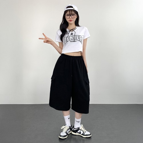 밴딩와이드 버뮤다 팬츠 통 여성 키작녀 반바지 카고-블랙, FREE(One size)