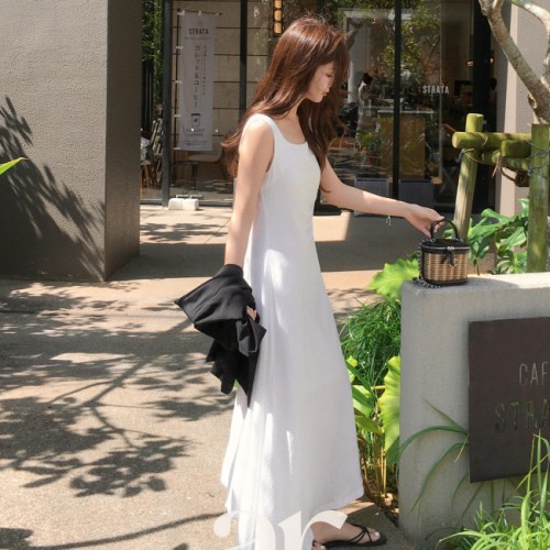 [자체제작] 셔링 스퀘어넥 언발 슬릿 나시 롱 원피스 op16364