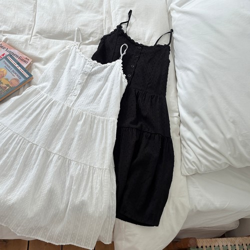 펀칭 끈 나시 원피스 플라워 뷔스티에 미디 화이트 블랙 여성 여름원피스 휴양지 바캉스룩