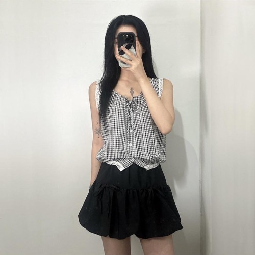 여성 리본 스트링 펀칭 블라우스 티 레이스 민소매 나시 프릴 여름 체크 화이트 2종