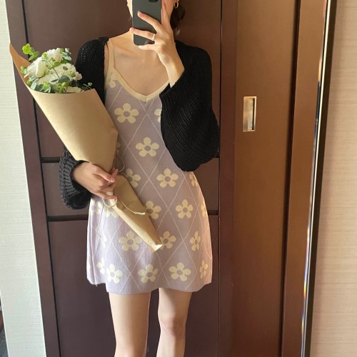 헬로 플라워 미니 여름 레이어드 니트 원피스