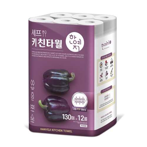 한예지 안심 천연펄프 셰프 키친타올 130매 12롤 3팩