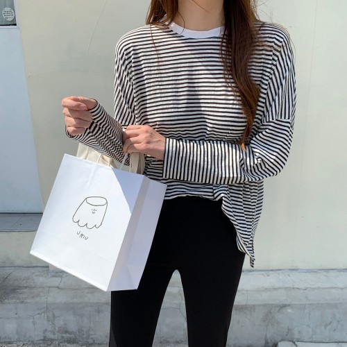 루즈핏 린넨 라이크 슬라브 스트라이프 티셔츠 기본 여성 티셔츠 라운드 여자 여름 긴팔티
