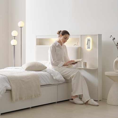 루카 LED 서랍형 수납 침대 프레임 무헤드형, SS(슈퍼싱글), 아이보리