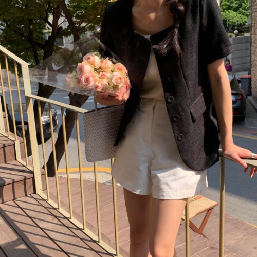 눅스 스퀘어넥 노카라 라인 반팔 재킷 루즈핏 여리 여름 트위드 린넨 썸머 여성 자켓