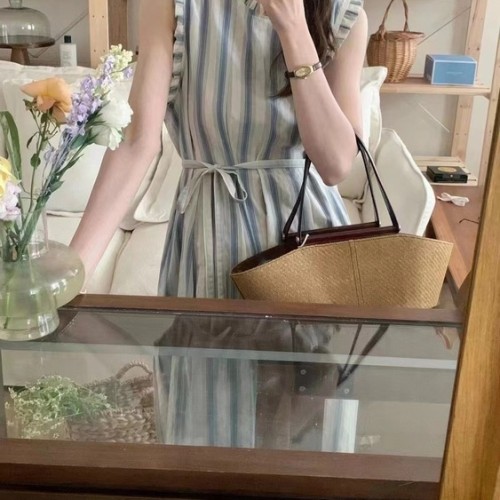 덴버 프릴 날개 셔링 스트라이프 린넨 코튼 벨트 SET 여성 린넨 롱 원피스