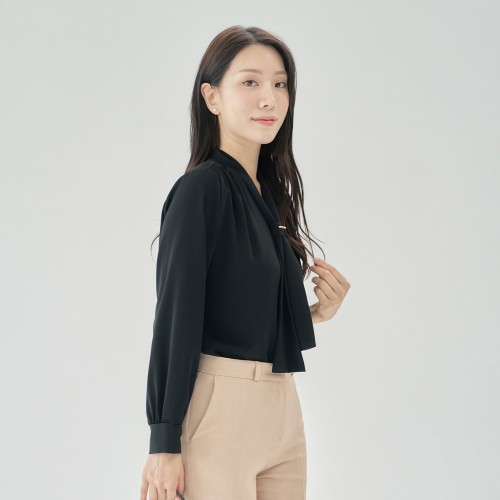 여성블라우스 타이블라우스 하객블라우스 V넥 루즈핏 결혼식 하객룩 [모미]