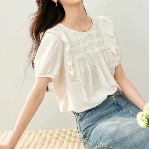 허리군살커버 아사면 양프릴블라우스 레이스단추 여름반팔블라우스 a라인 여자여자몰