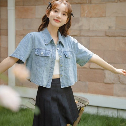 여성 여름 반팔 데님 청자켓 기본 크롭 아우터 연청