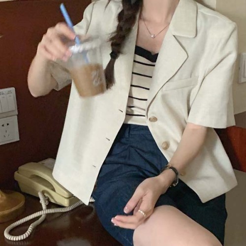 이레 여름 루즈핏 골드버튼 오피스룩 하객룩 칼라넥 반팔 린넨 트위드 싱글 자켓