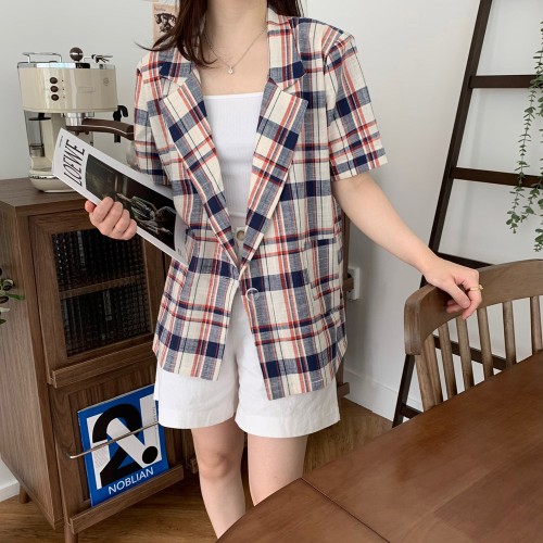 린넨 자켓 여성 여름 자켓 체크 오버핏 반팔 재킷 마 블루 레드 휴양지룩