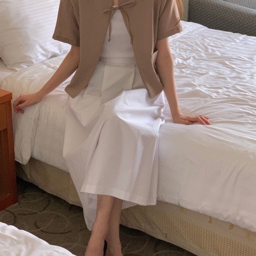 멜팅 썸머 리본 매듭 포인트 라운드넥 노카라 반팔 오픈 하객룩 오피스룩 자켓