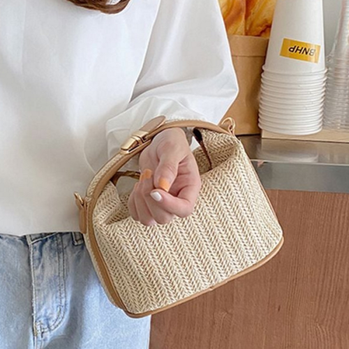 미니 여성 라탄 가방 핸드백 라탄 토트 백 베이지 여자