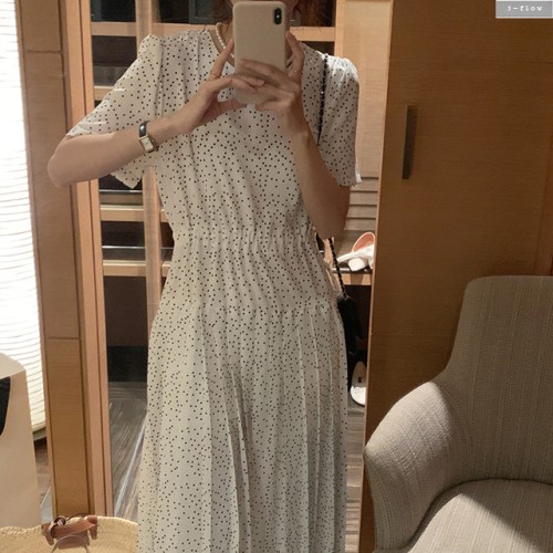 도트 플리츠 주름 쉬폰 여름 롱원피스 (아이보리,블랙) 루즈핏 허리끈 스트링 봄 제이플로우