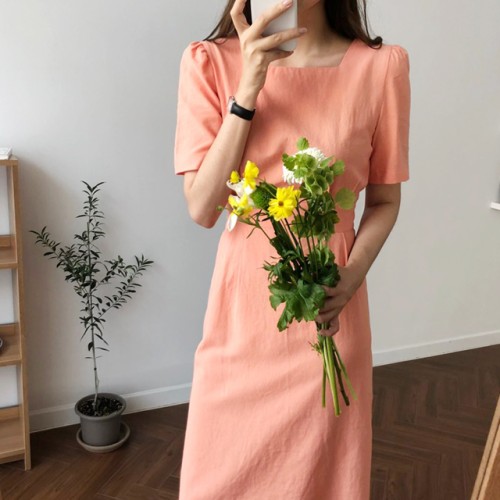 스퀘어넥 린넨 원피스 루즈핏 퍼프 반팔원피스 여성 여름 롱 원피스 돌잔치엄마 베이지 블랙