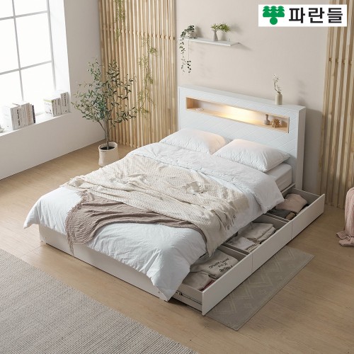 파란들가구 편백 LED 사선무늬 높이300 서랍수납 퀸침대프레임