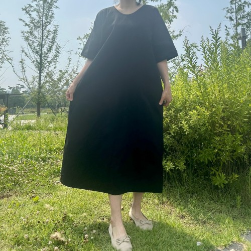 빅사이즈 자체제작 브이넥 뒷셔링 롱 원피스 박시 오버핏 면 여름 블랙 심플한 원피스