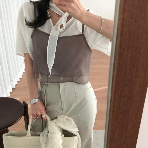 컨비 여성 여름 크롭 레이어드 이너 스퀘어넥 뷔스티네 나시