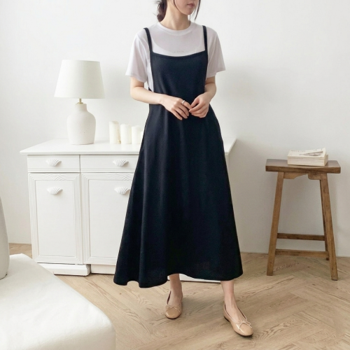 주머니 뷔스티에 멜빵 롱 원피스 여성 어깨끈 홈 데일리 레이어드 꾸안꾸