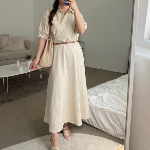 A라인 퍼프 플레어 셔츠 린넨 롱 원피스 / 결혼식 하객원피스